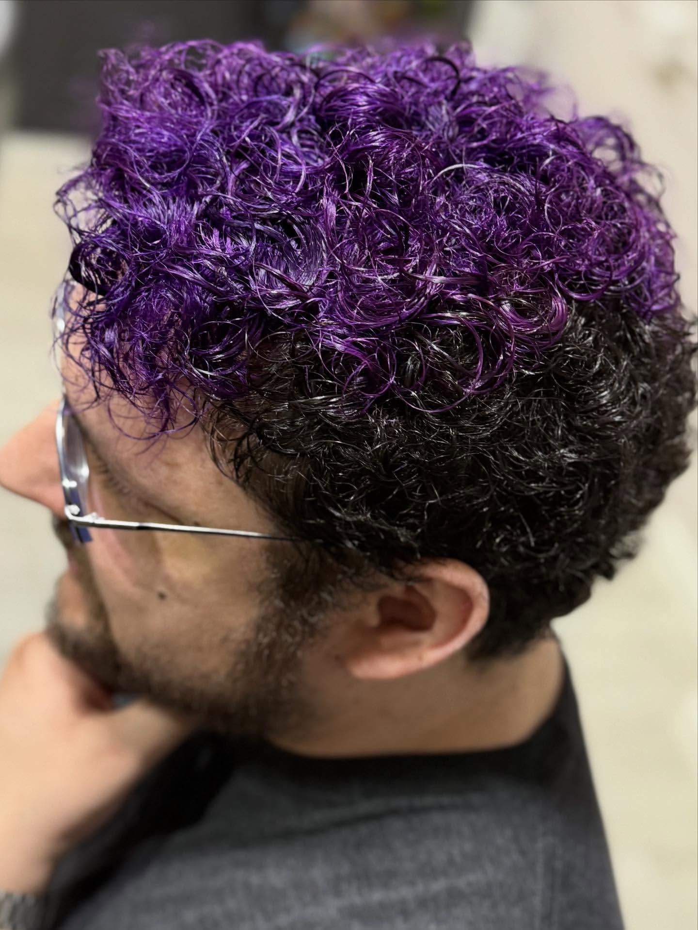 Man With Curly Hair, Top Dyed Vibrant Purple — Wow! Excellence in Hair in Toowoomba, QLD
