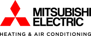 Mitsubishi Electric heating and air conditioning logo in black and red on white background