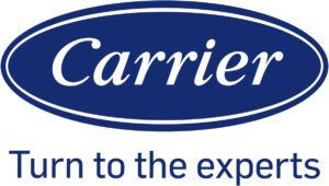 Carrier logo with blue oval and white text, plus slogan