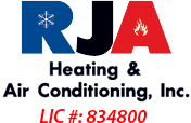 RJA Heating & Air Conditioning, Inc. logo with blue and red lettering and LIC #834800