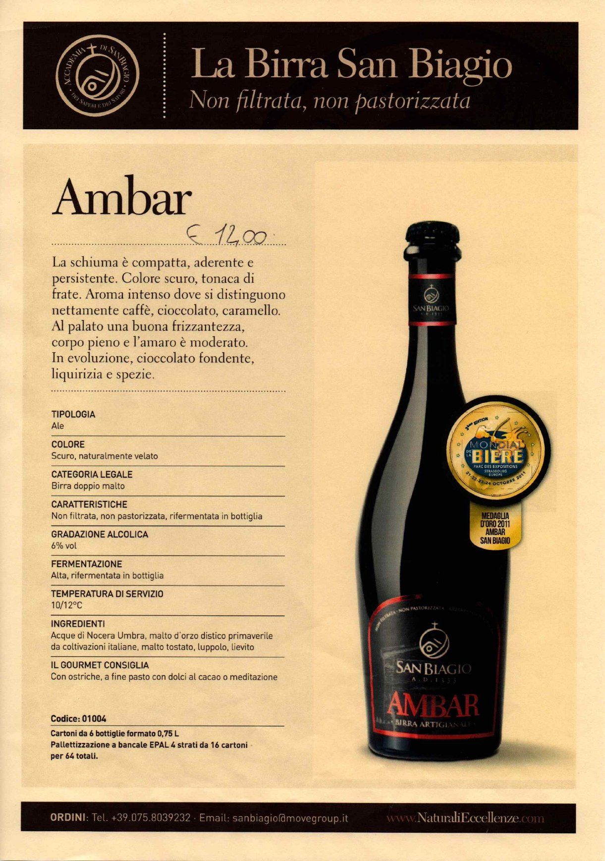 Pubblicità della birra La Birra San Biagio Ambar con bottiglia scura e sfondo beige.