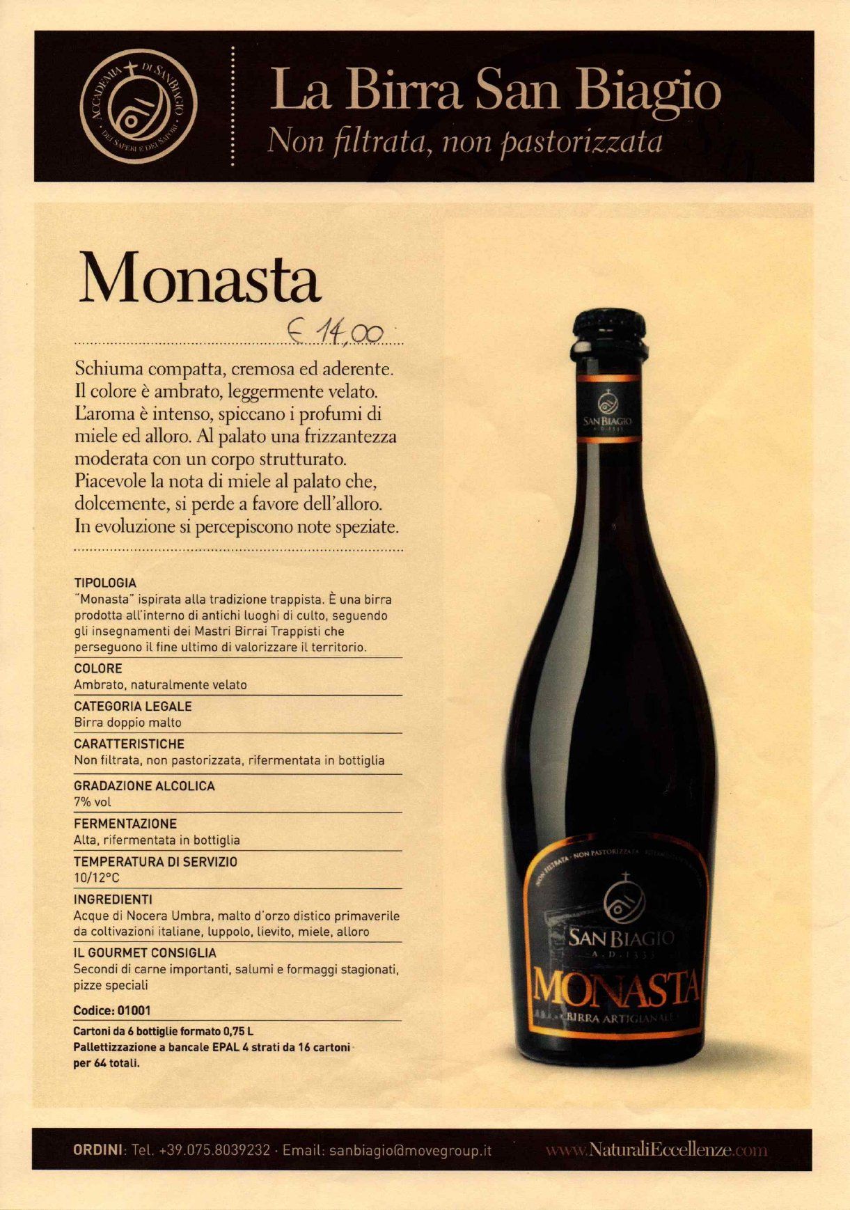 Locandina della birra Monasta con bottiglia su sfondo beige e marchio La Birra San Biagio.