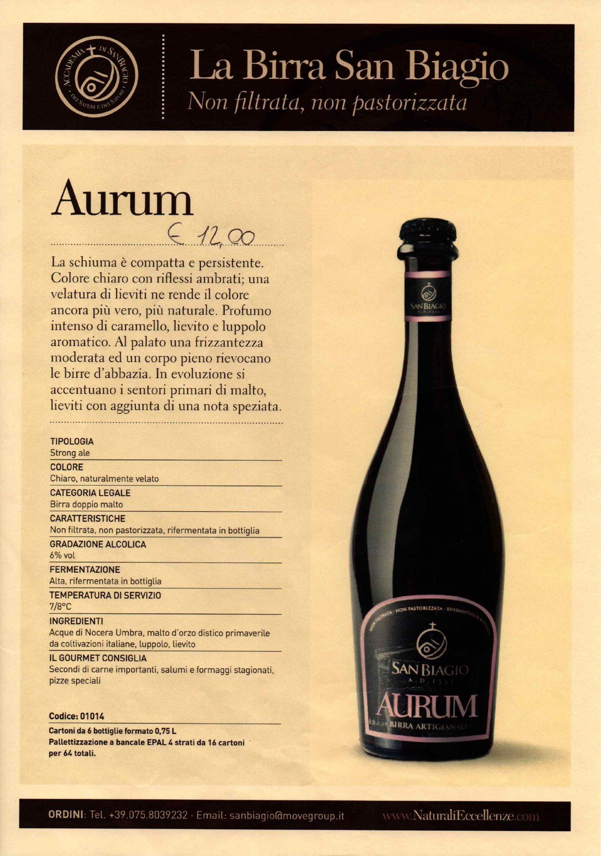 Annuncio pubblicitario dell'etichetta del vino Aurum, con una bottiglia scura su sfondo beige e i dettagli del prodotto.