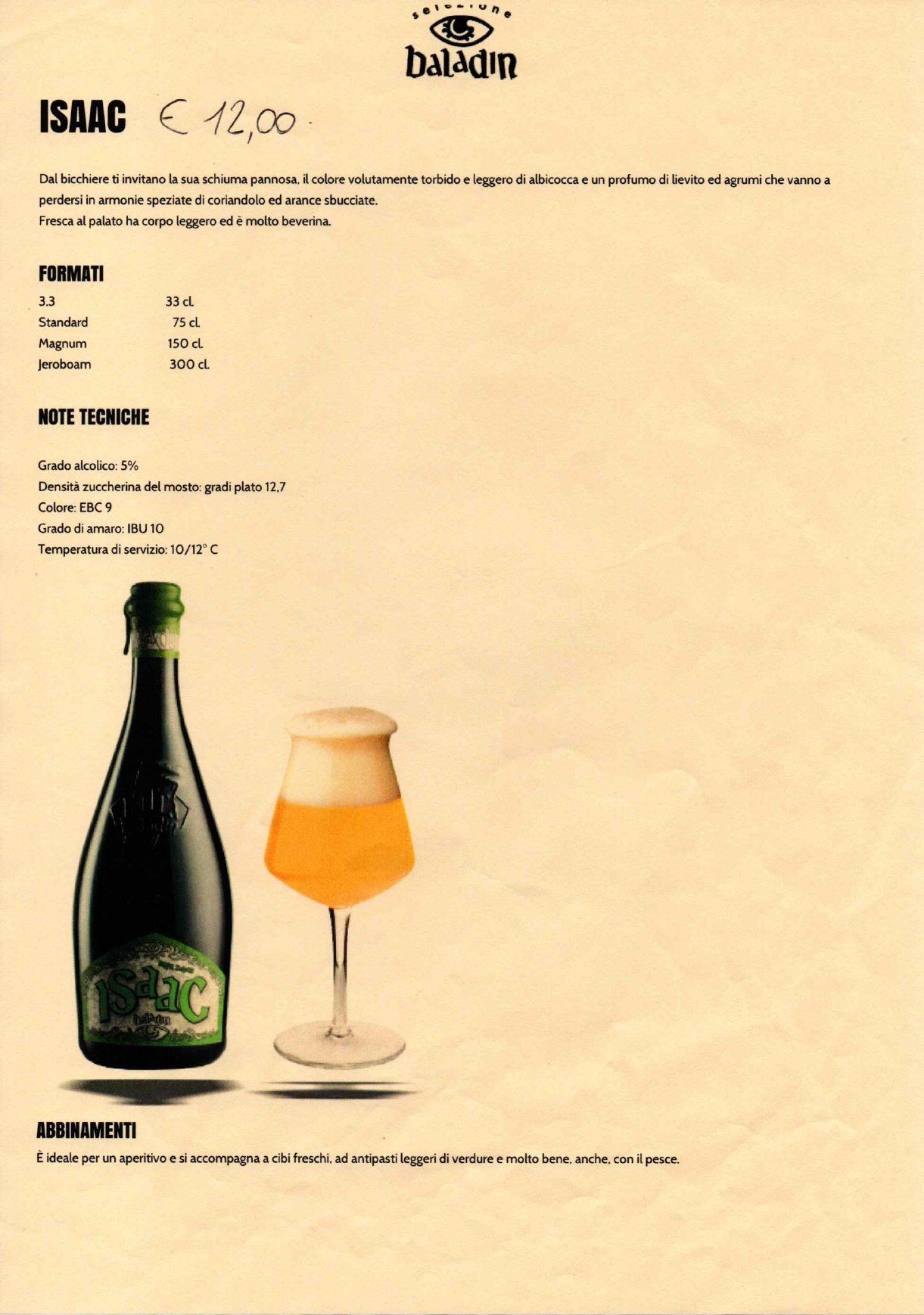 Bottiglia di birra e bicchiere pieno su una pagina di menù beige con prezzi e dettagli del prodotto.