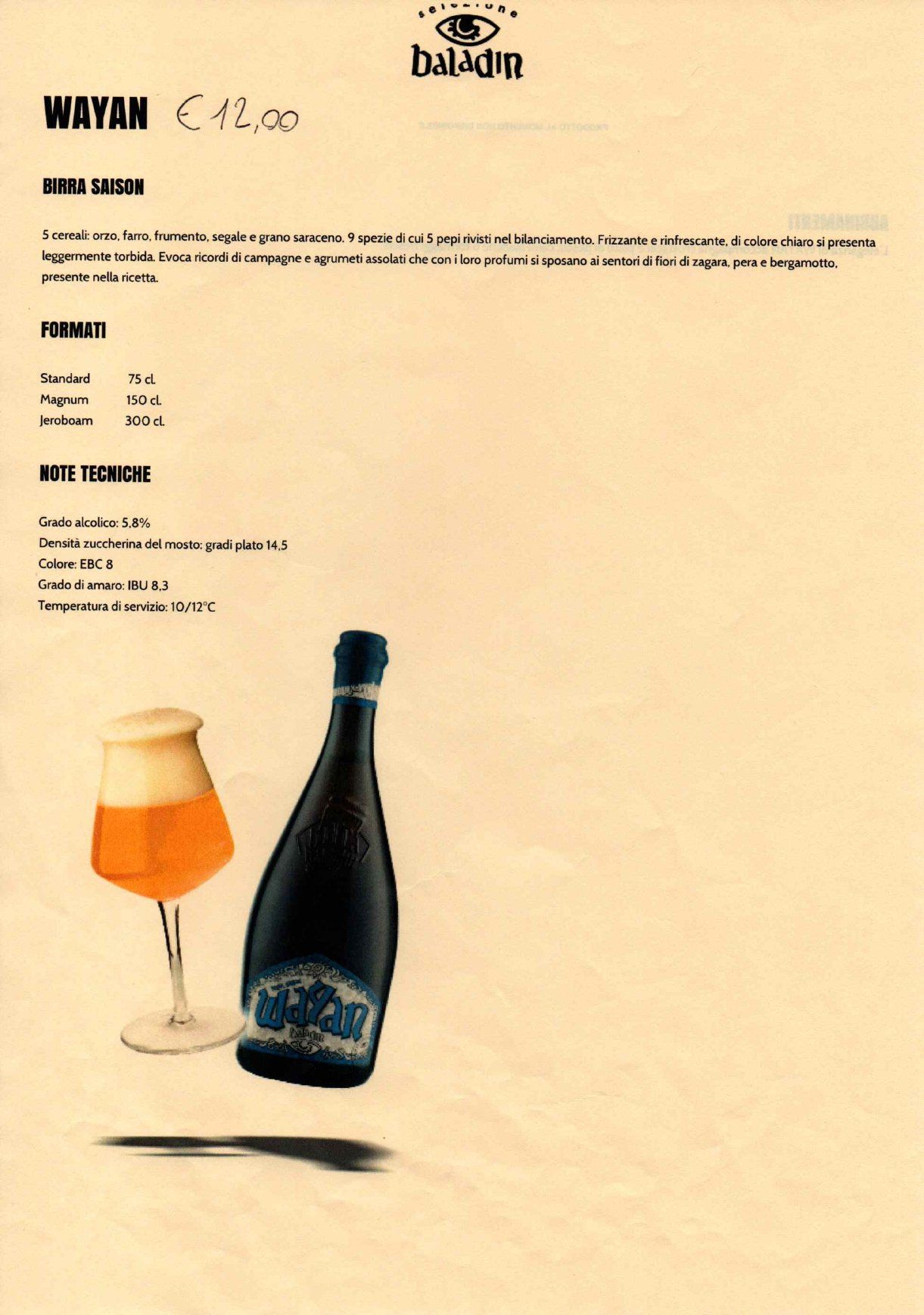 Bottiglia e bicchiere di birra ambrata su una pagina di menù beige con testo e loghi in alto.
