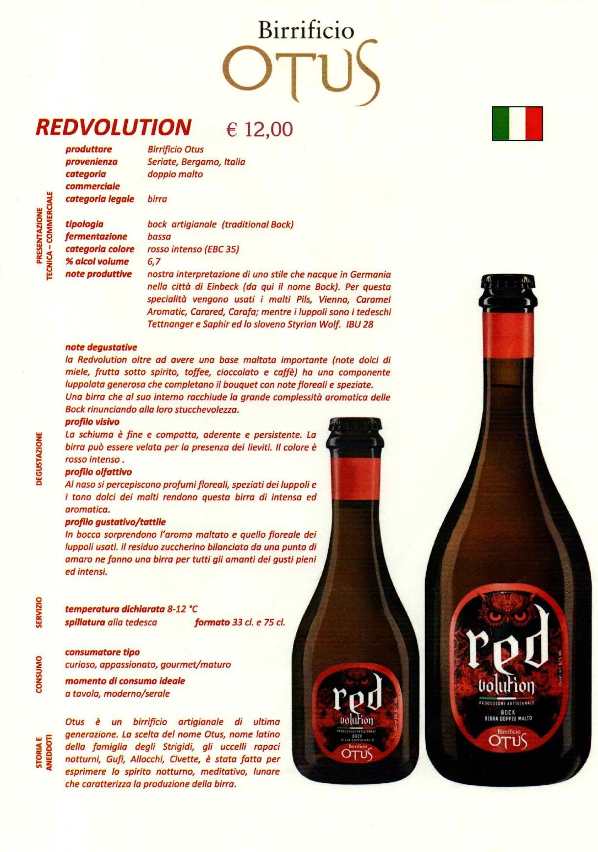 Etichetta della birra Birrificio OTUS Redvolution con due bottiglie scure e bandiera italiana su sfondo bianco.