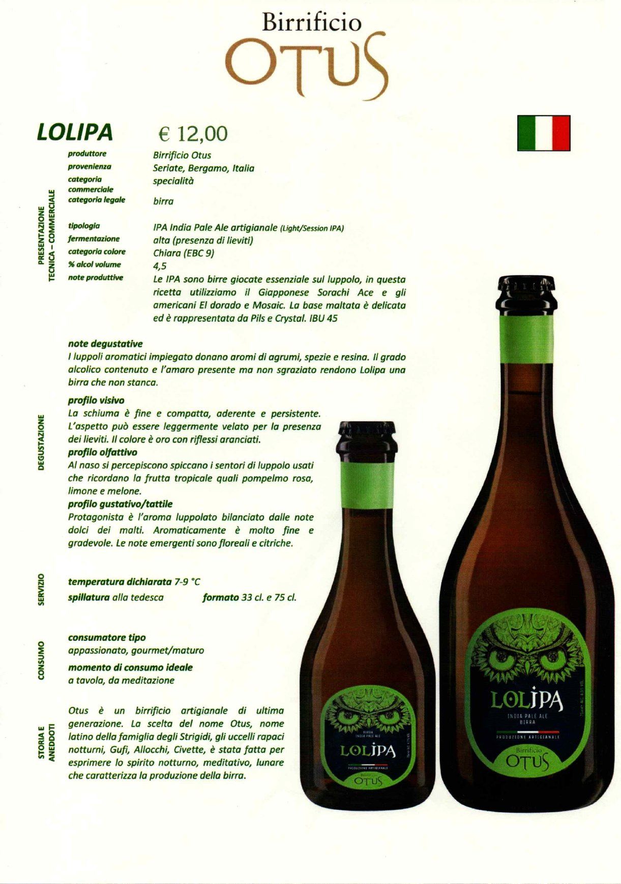 Brochure del prodotto Burrificio OTUS Loulpa, con dettagli testuali e due bottiglie di vetro verde su sfondo bianco.