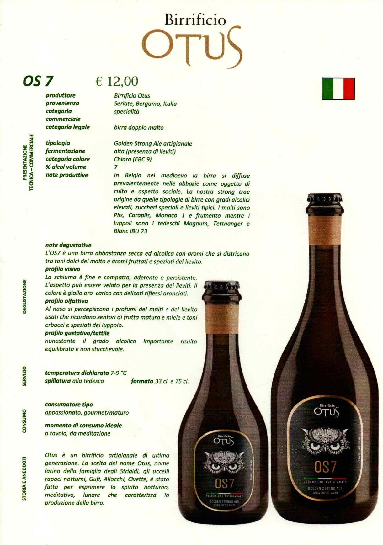 Etichetta di birra con il Birrificio Otus OS 7, due bottiglie marroni e la bandiera italiana su sfondo bianco.