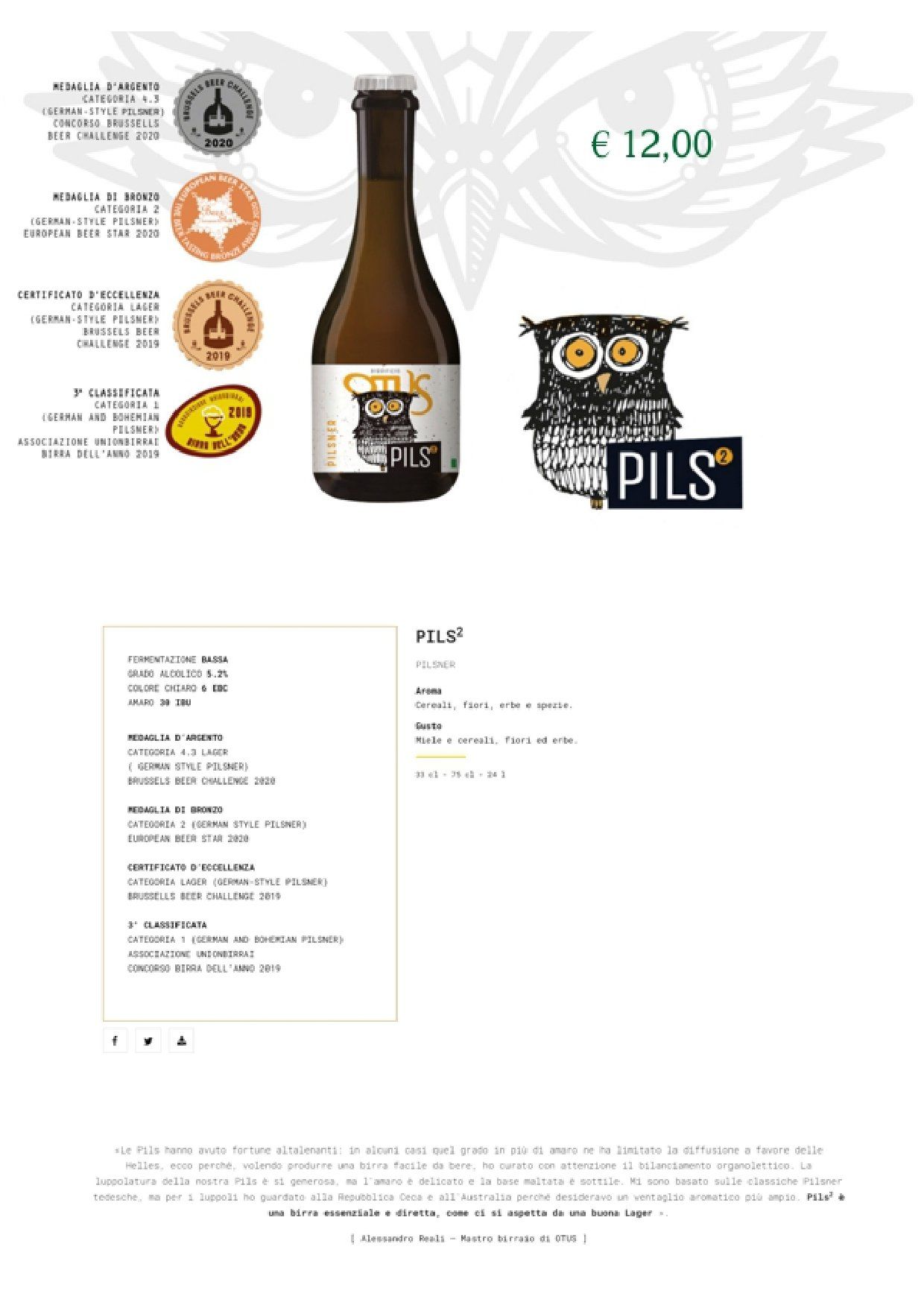 Confezione di bottiglia di birra e lattina di Pils su una pagina prodotto con prezzo di €12,00 e informazioni nutrizionali.