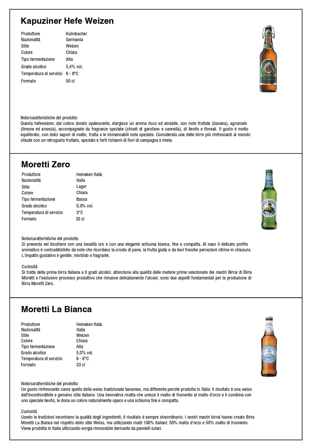 Tre schede di prodotti di acqua in bottiglia con etichette, descrizioni e foto delle bottiglie su una pagina bianca