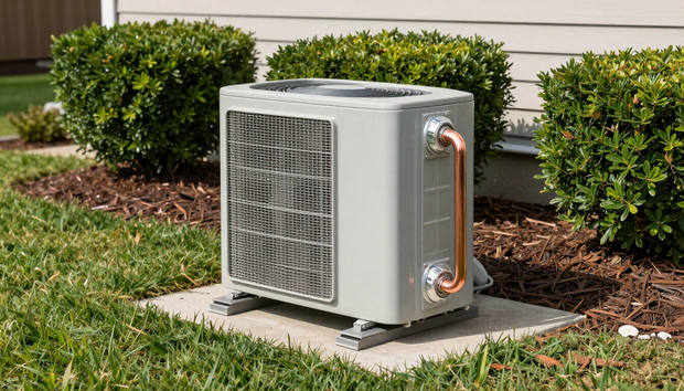 Outdoor air conditioner unit beside a house, on a concrete pad with shrubs and mulch around it