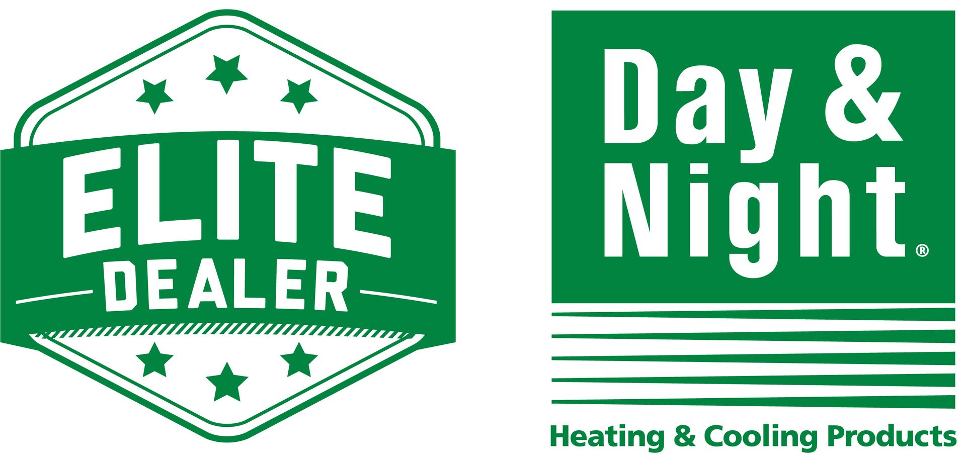 Green “ELITE DEALER” badge and Day & Night Heating & Cooling Products logo side by side.