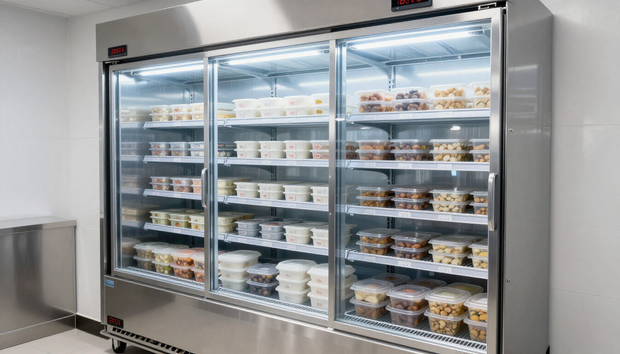 Large stainless-steel refrigerated display cases filled with packaged food in a bright store aisle