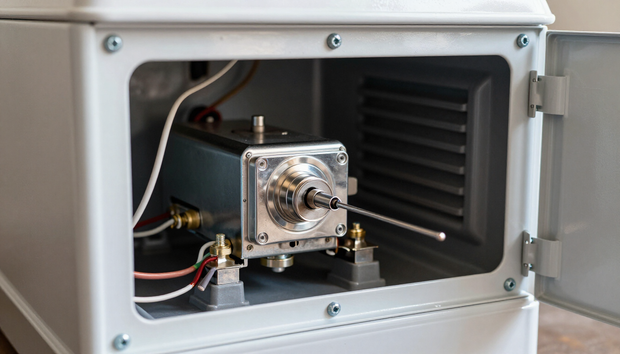 Open metal equipment chamber with a central mechanical unit and hoses inside.