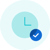 Blue clock icon with a check mark badge on a pale background