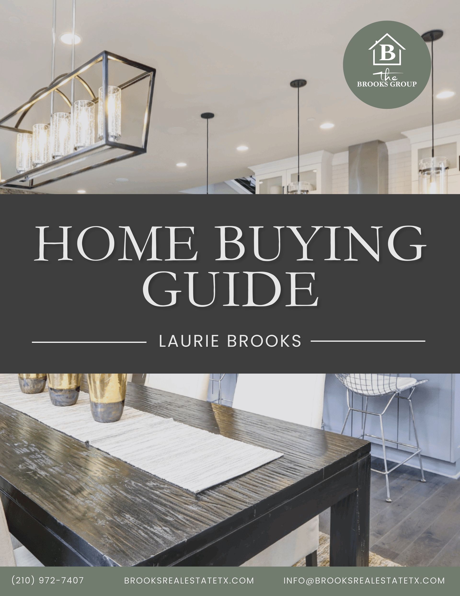 Home Buying Guide cover. Interior photo, text on dark gray banner. Author: Laurie Brooks.