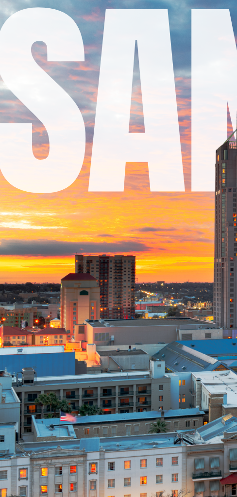San Antonio skyline at sunset with white