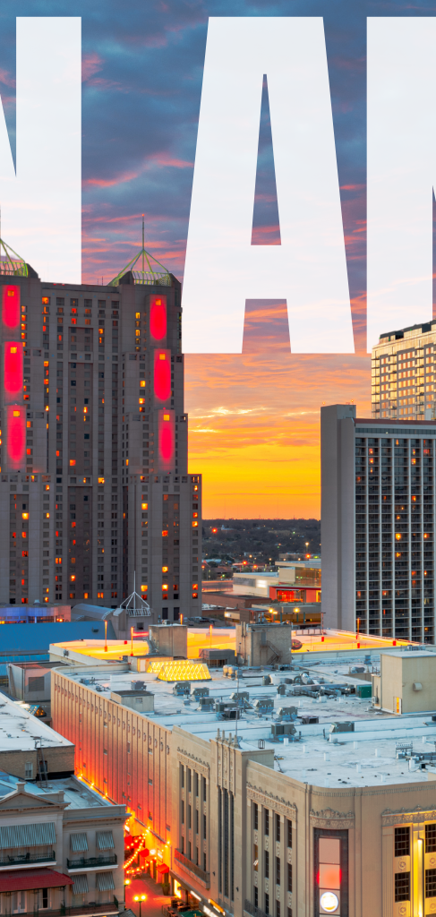 Skyline of Miami with buildings, sunset, and white text overlay.