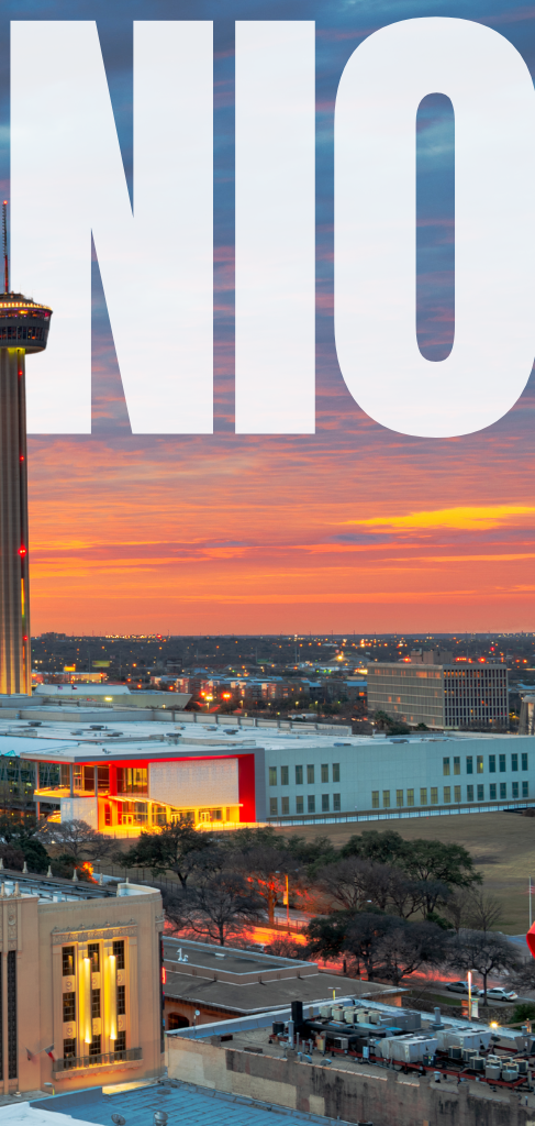 San Antonio skyline at sunset with text
