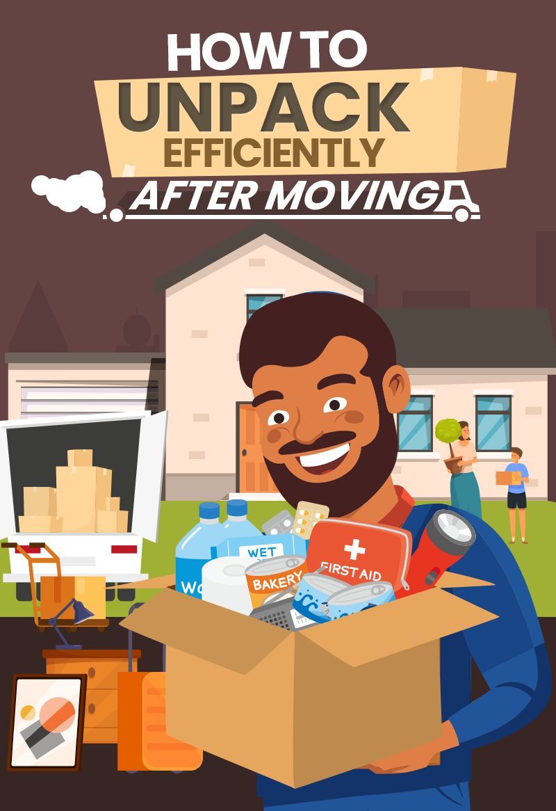 Man holding an essential box smiles near a moving truck and house, with the text