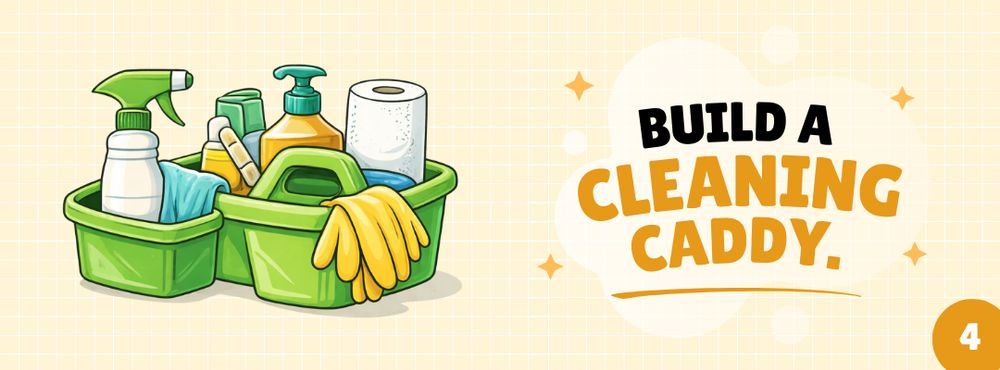 Cleaning caddy with supplies and text 