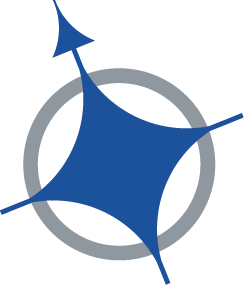 A blue, four-pointed star shape with one arrow-tipped point, partially overlapping a gray circle.