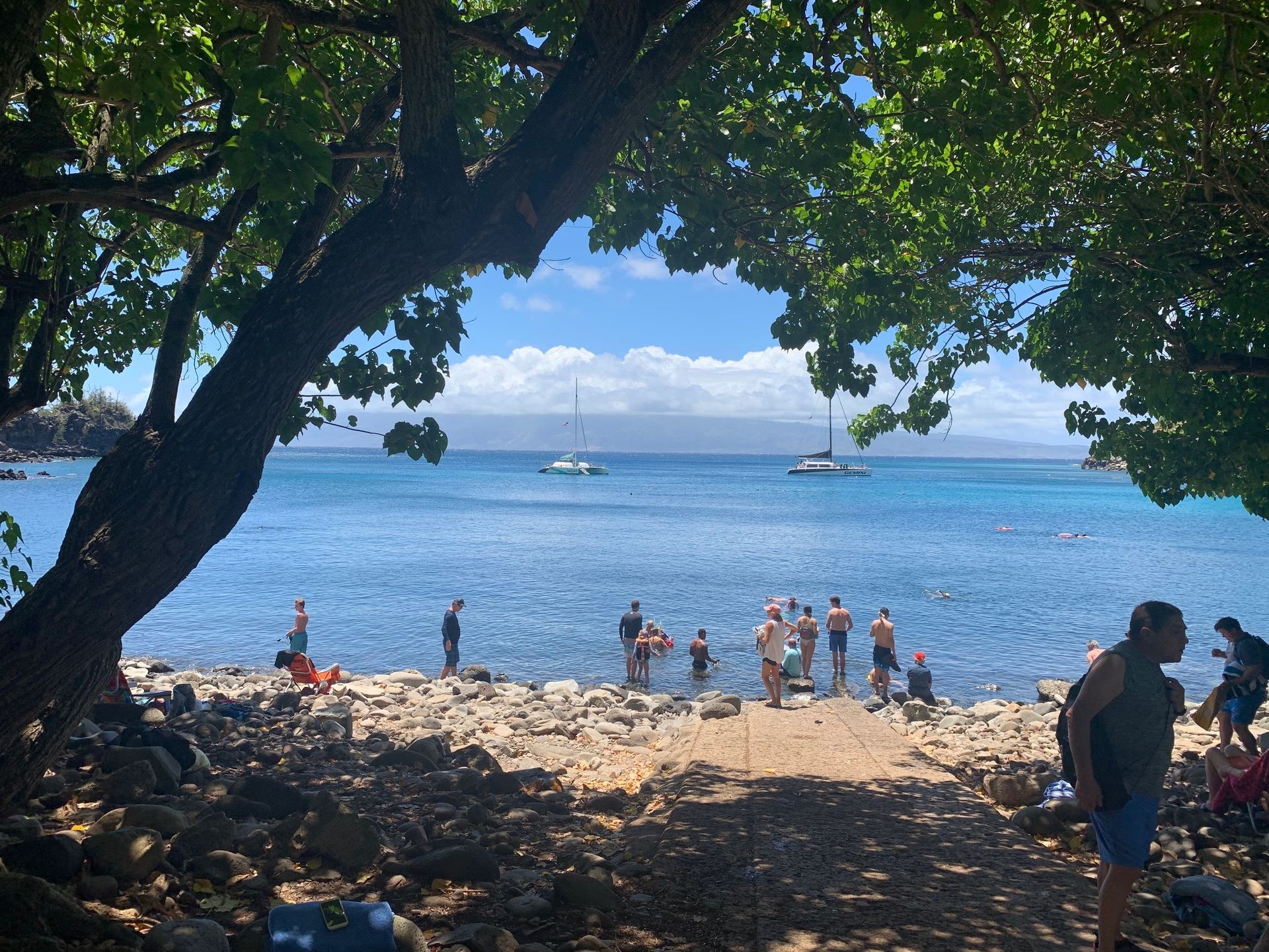 People on a sandy beach under trees, with blue ocean and a boat in the distance.