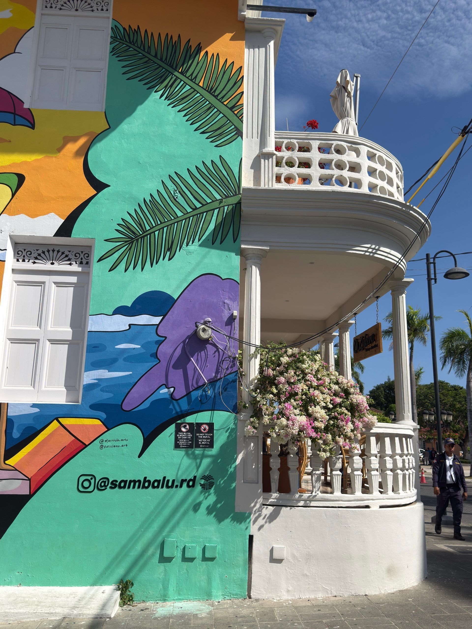 Colorful mural beside a white balcony with flowers and palm trees on a sunny street corner