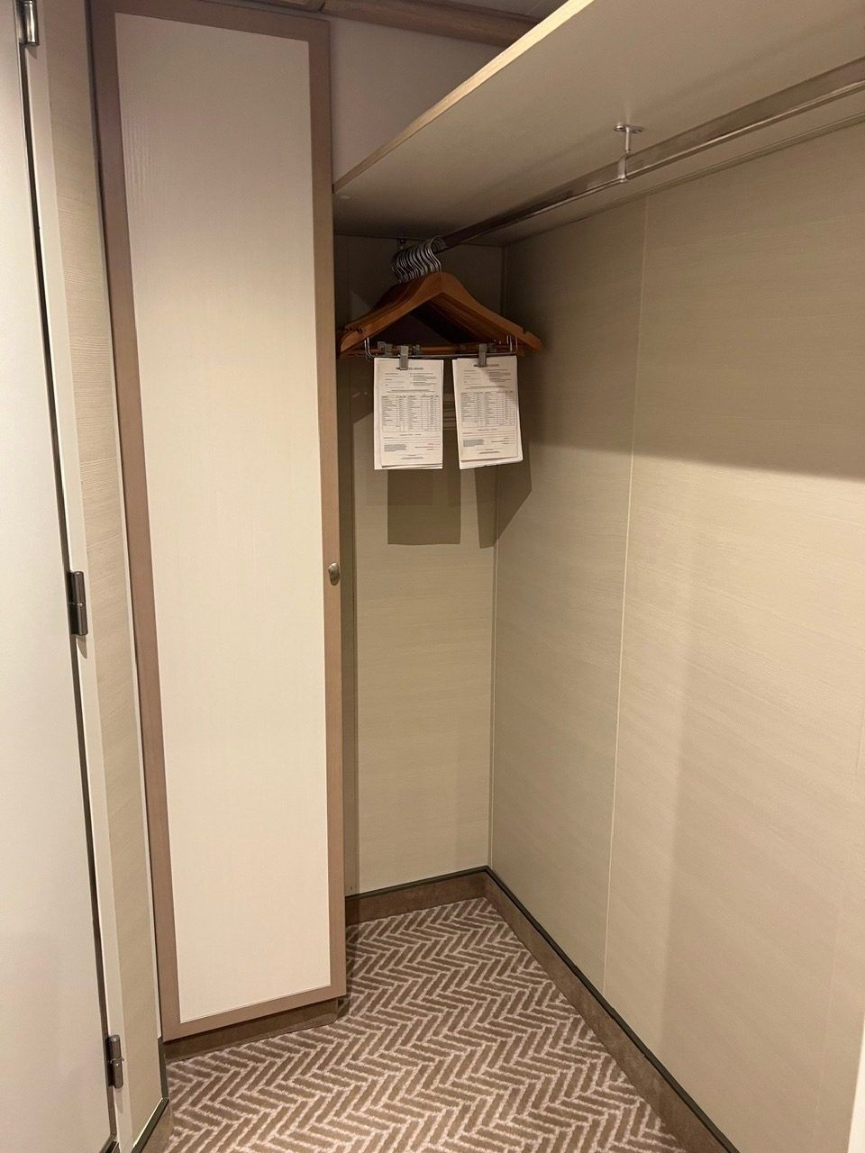 Empty walk-in closet with a hanging rod, wood hangers, and two papers on the back wall.
