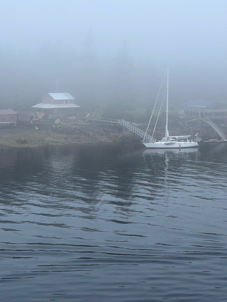 Foggy harbor with a sailboat moored beside a rocky shoreline and rippling water