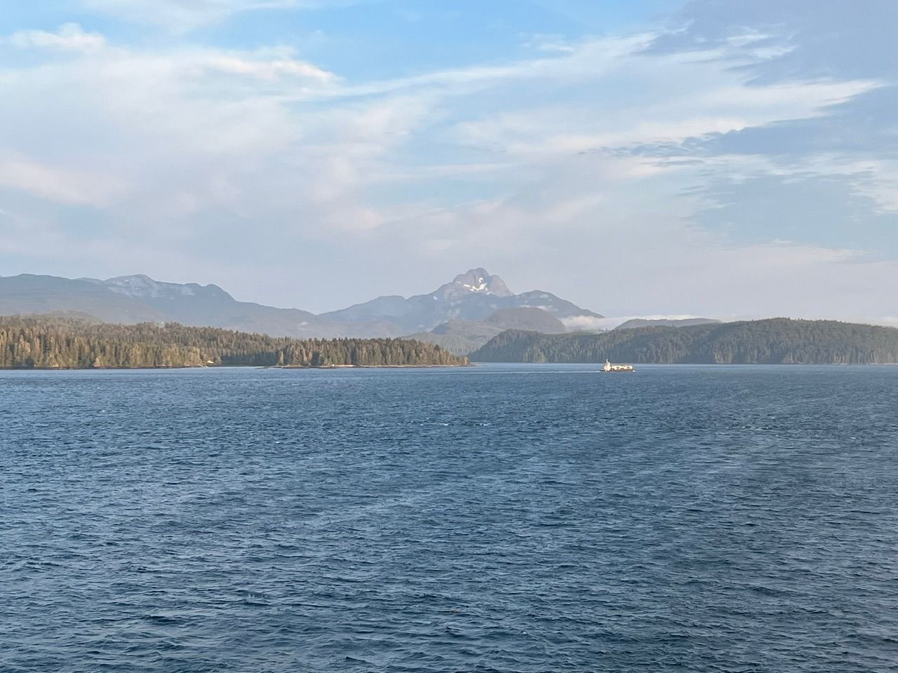 Lake with rippling blue water, distant forested shoreline, and snow-capped mountains under a cloudy sky