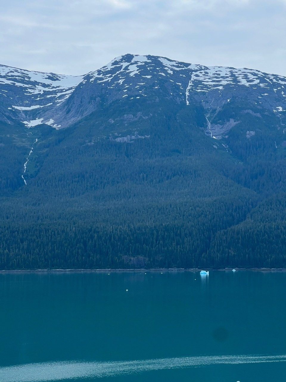 Snowy mountain above a turquoise lake with forested shoreline under a cloudy sky