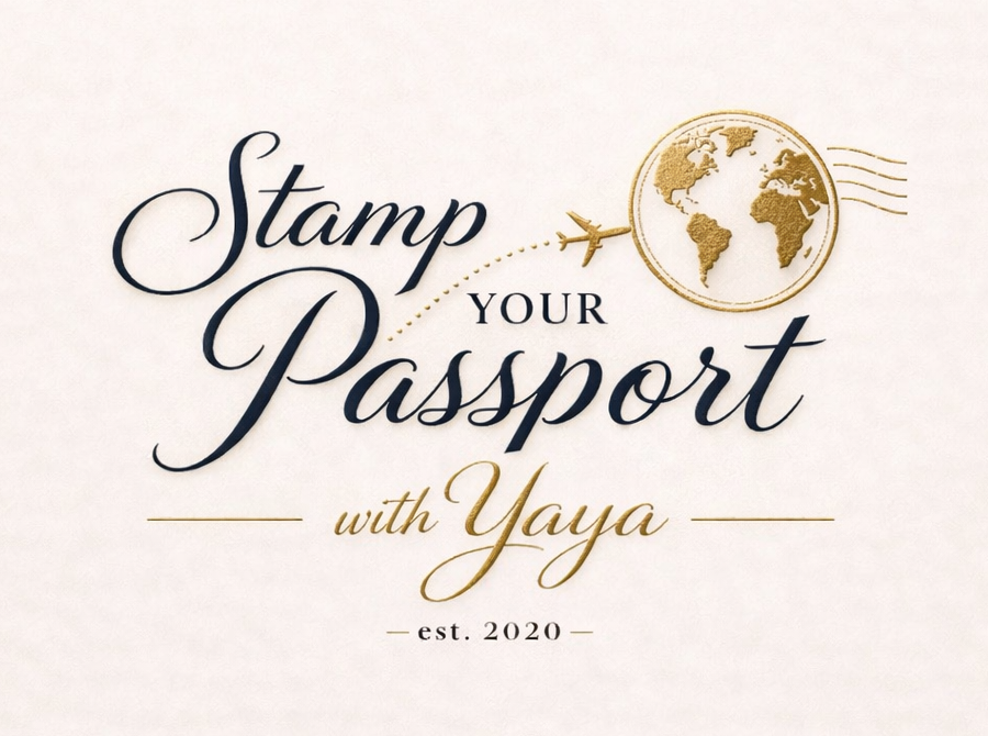 Gold logo reading “Stamp Your Passport with Yaya” with globe icon and “est. 2020” on a light background