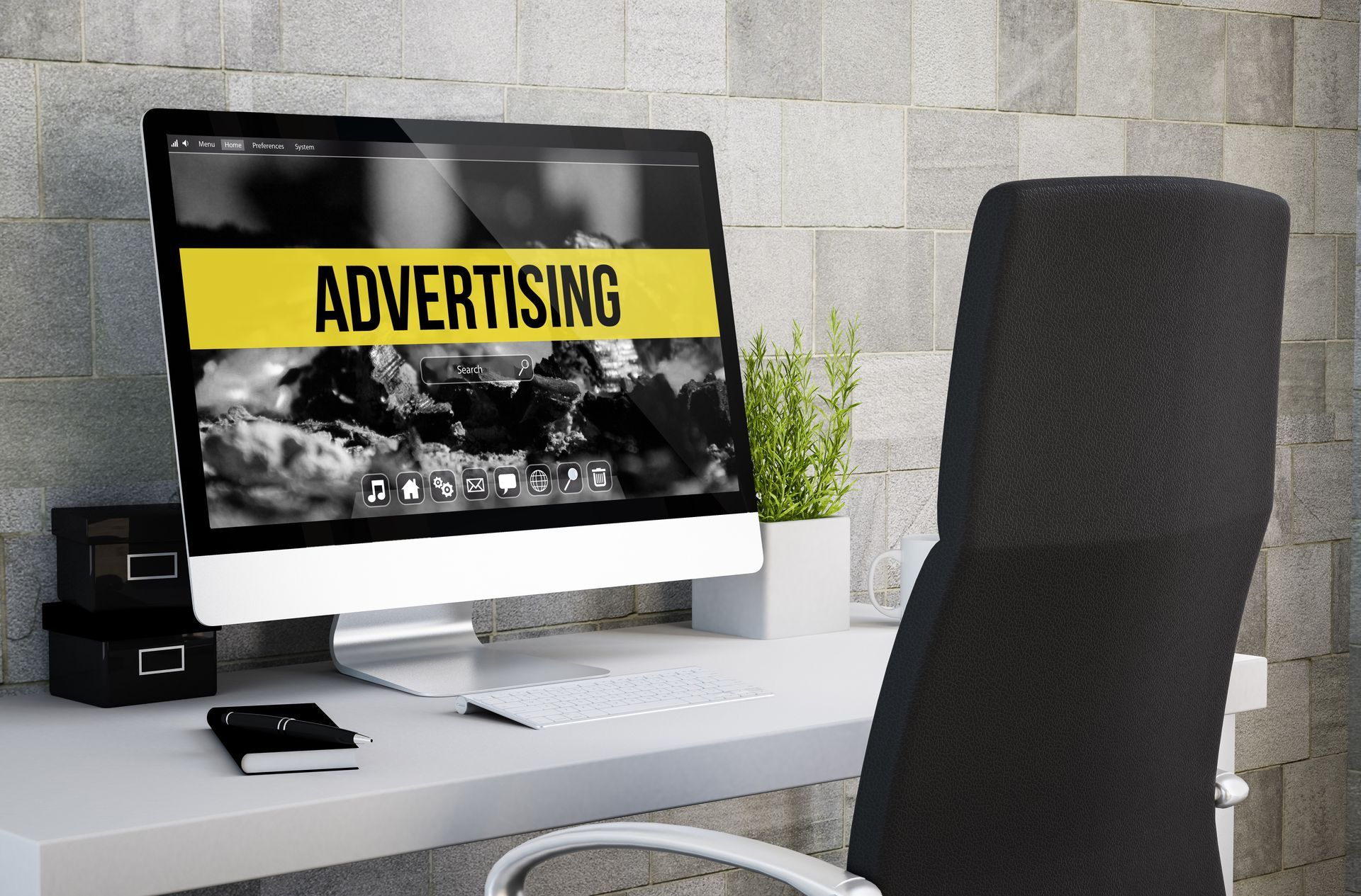 A computer with the word advertising on the screen