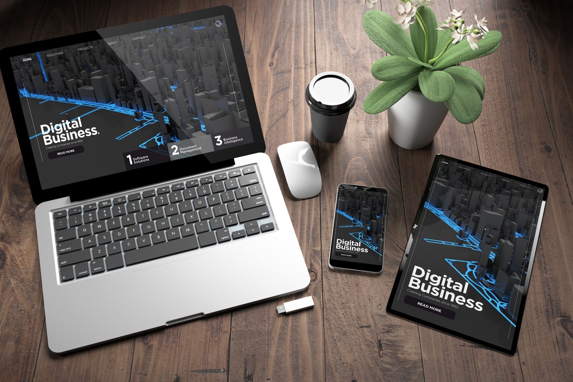 Laptop, tablet, smartphone, and coffee cup on a wood table, promoting 