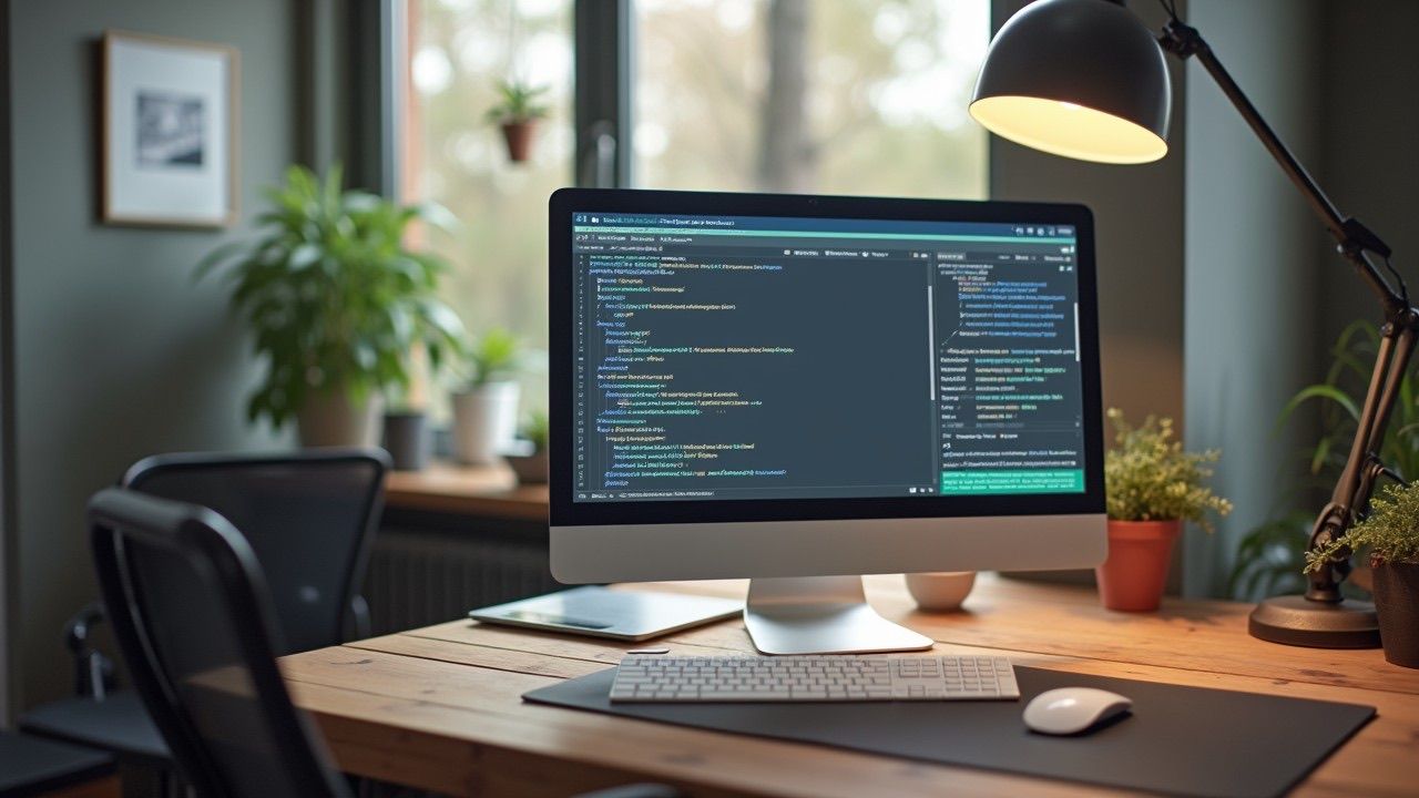 Computer screen displaying code, on a desk with keyboard and mouse, indoor setting with plants and a desk lamp.