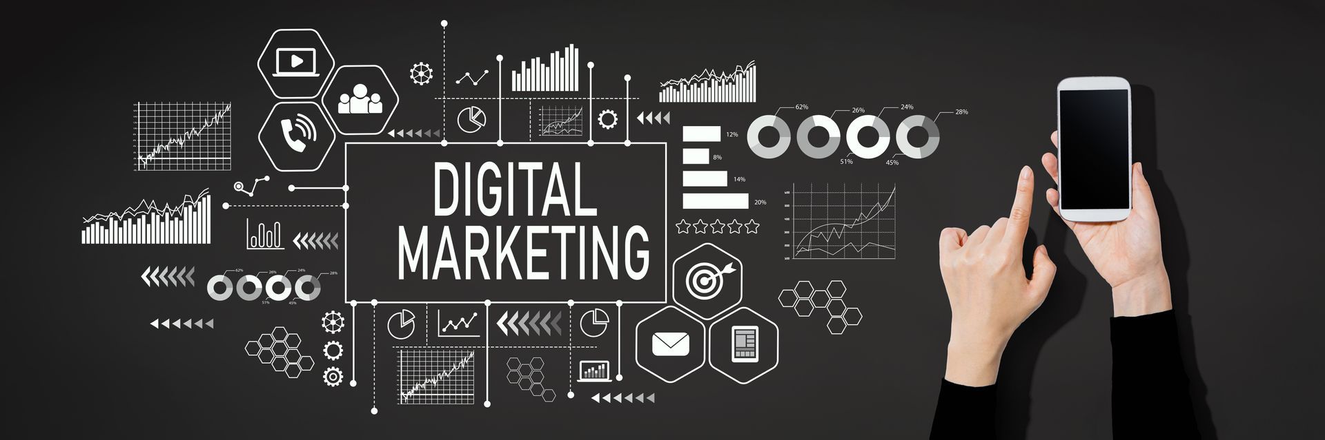 A person is holding a cell phone in front of a blackboard with the words digital marketing written on it.