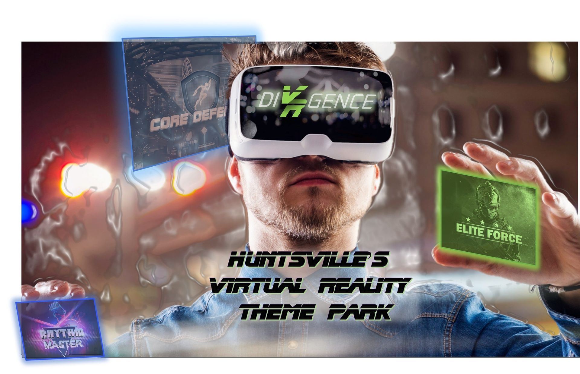 Man wearing VR headset, holding virtual cards, with Huntsville's Virtual Reality Theme Park logo.