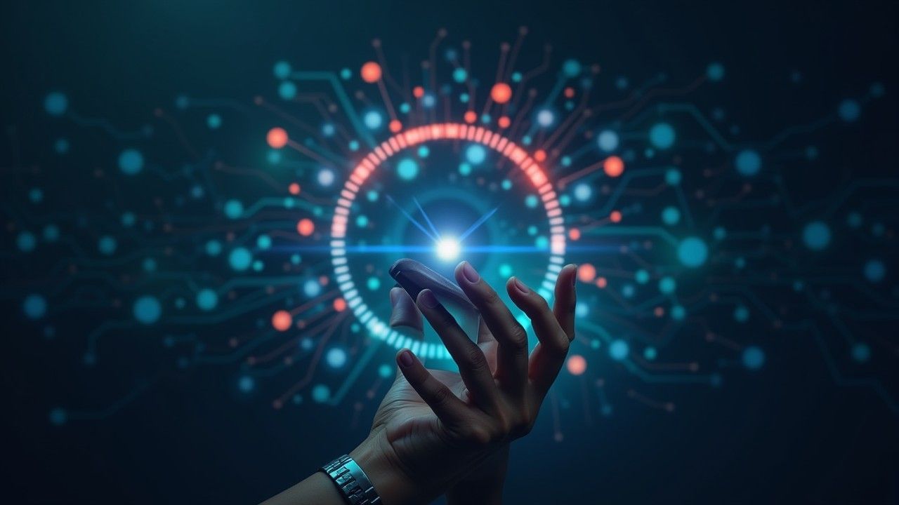 Person's hands touching a glowing digital question mark on a tablet screen in a dim setting.