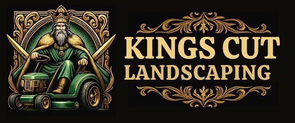 Logo for Kings Cut Landscaping featuring a king on a lawnmower, gold and green colors.