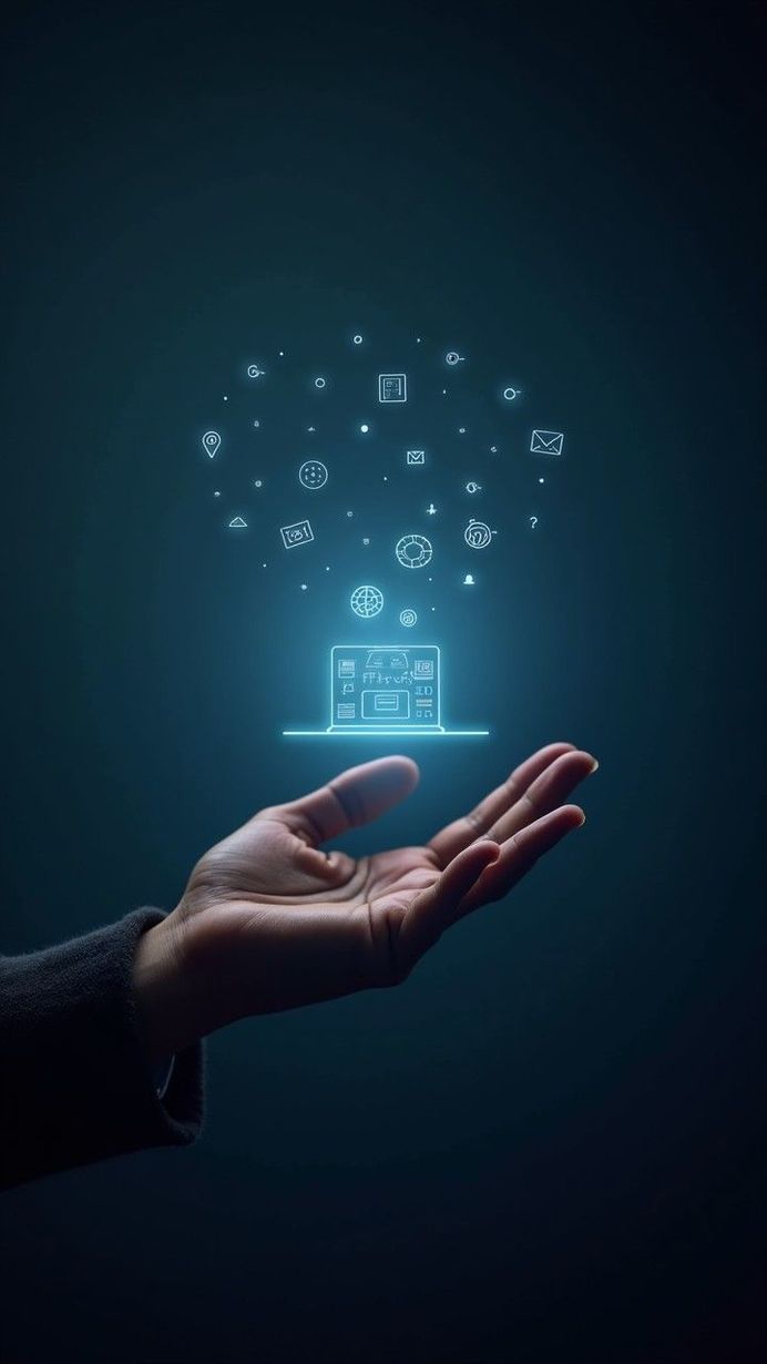Hand holding glowing laptop icon with digital data icons floating above.