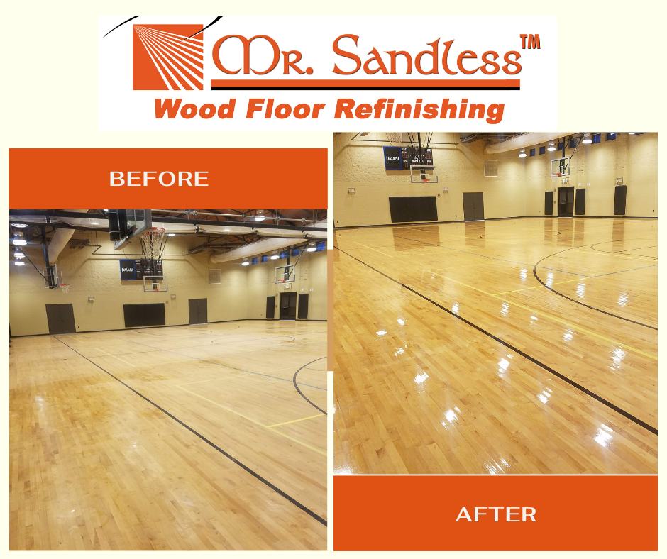 Before-and-after gym floor refinishing by Mor. Sandless, showing dull wood floor and glossy polished finish