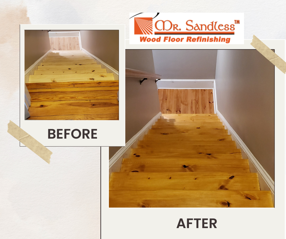 Before-and-after of a refinished honey-colored wood floor in a narrow hallway, branded Dr. Sandless.