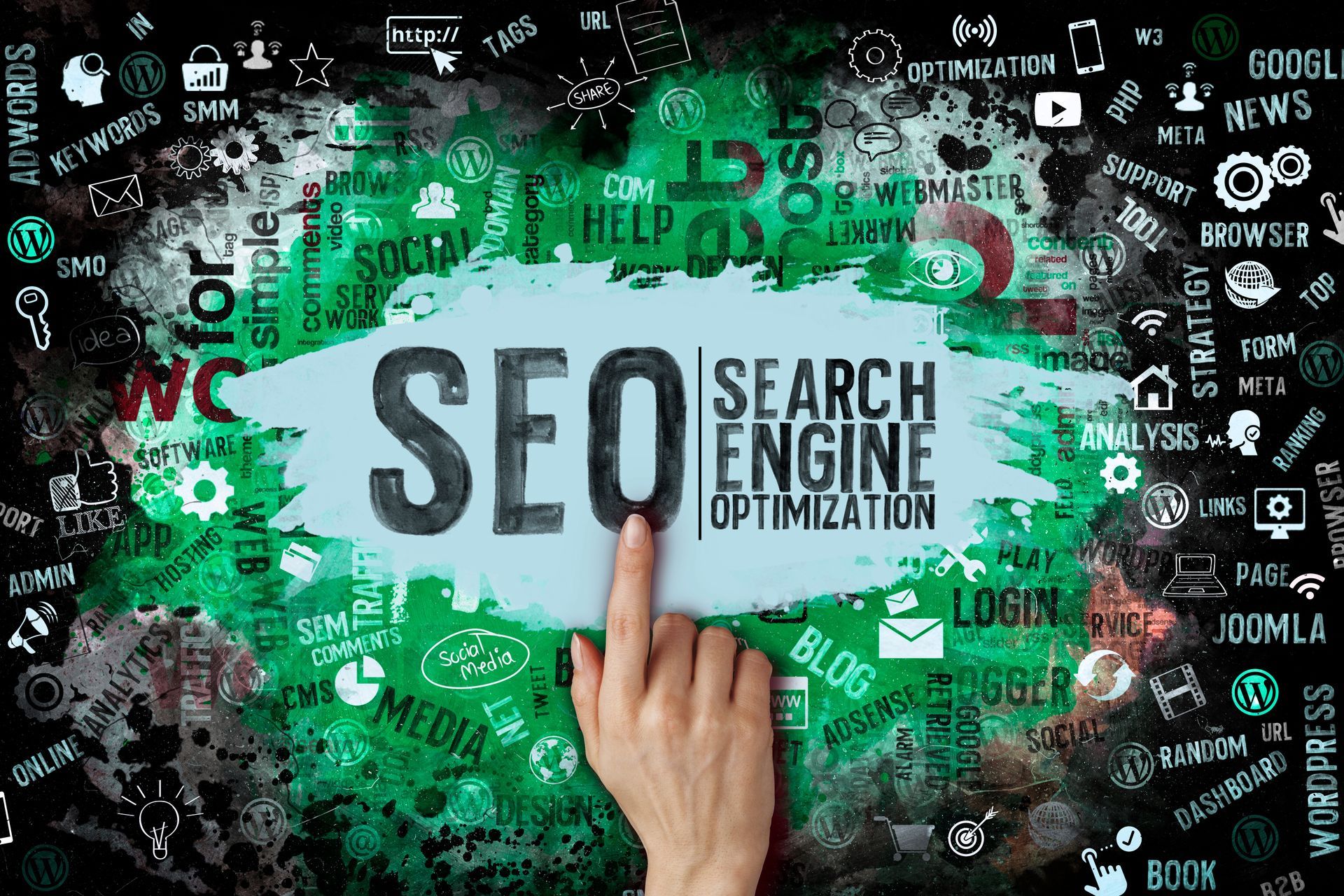 A person is pointing at a sign that says search engine optimization.
