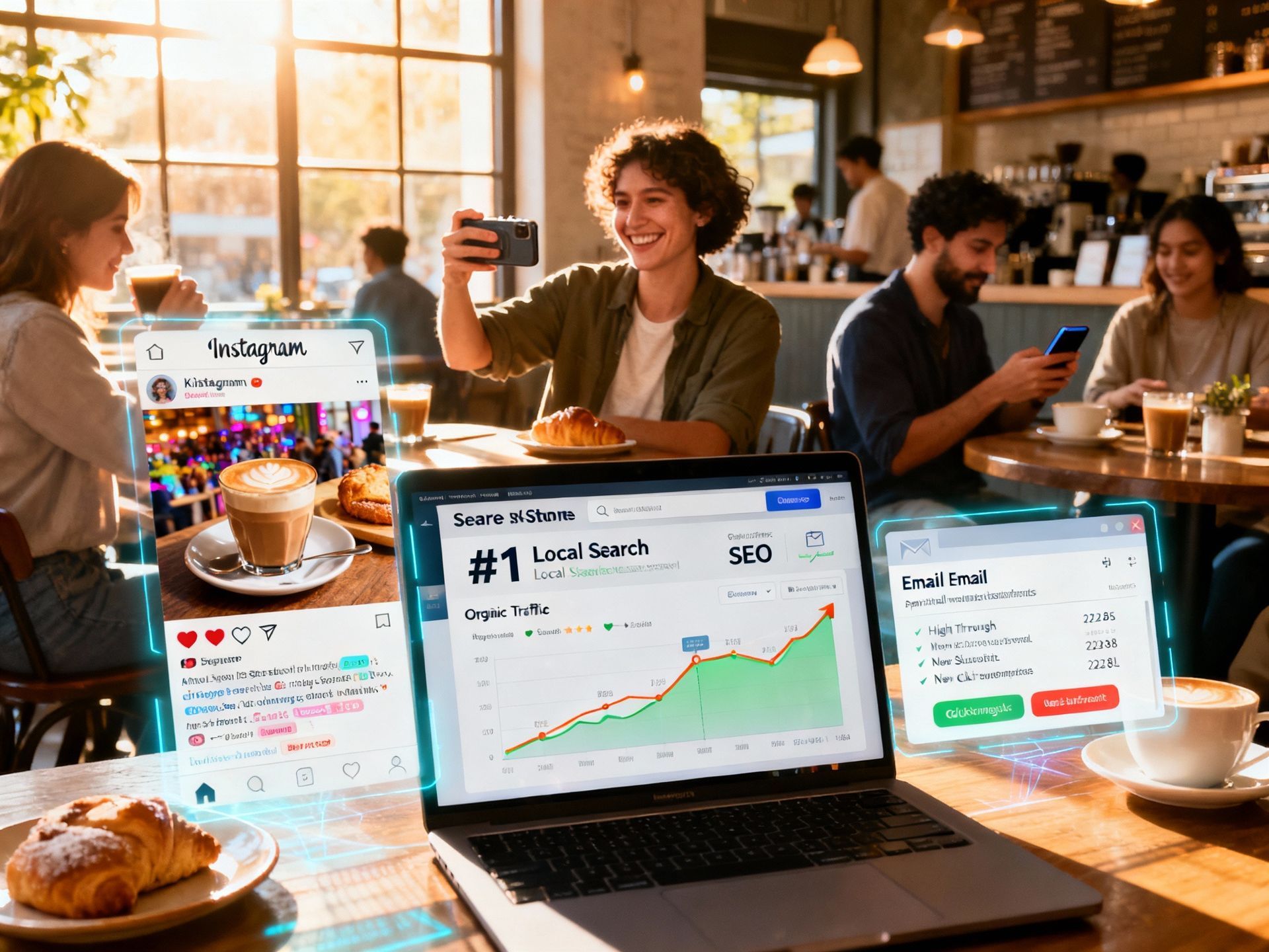 People in cafe with laptop displaying SEO data, Instagram feed, and coffee, croissant; sunny.