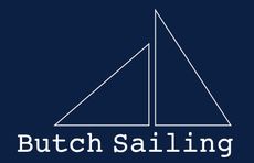 Logo reading “Butch Sailing” with white sailboat outlines on a dark blue background.