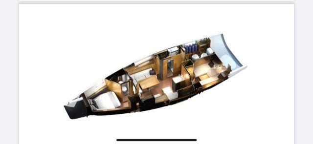 Cutaway floor plan of a small boat cabin with wood-toned interior and a white deck