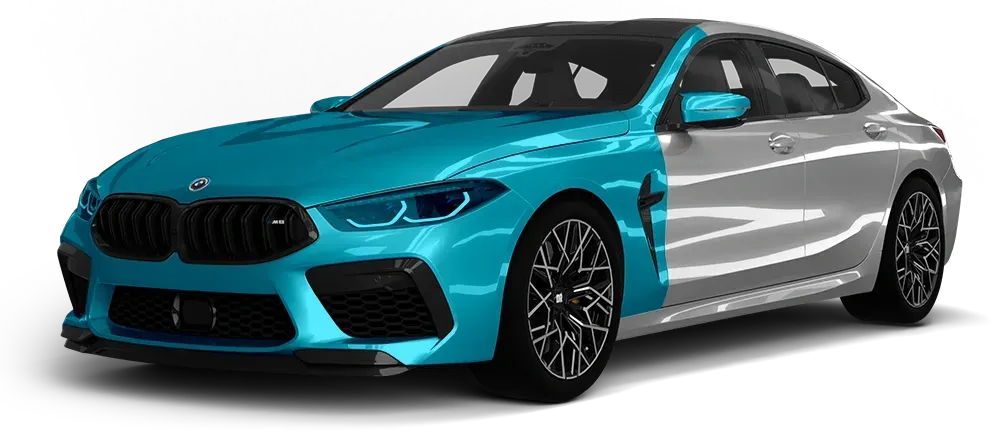 Turquoise and silver sporty coupe on a white background