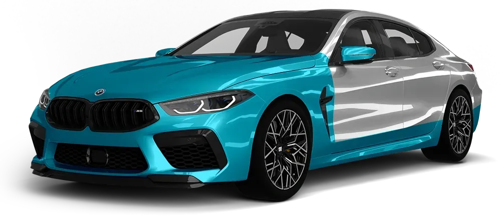 Turquoise and silver sports sedan on a white background
