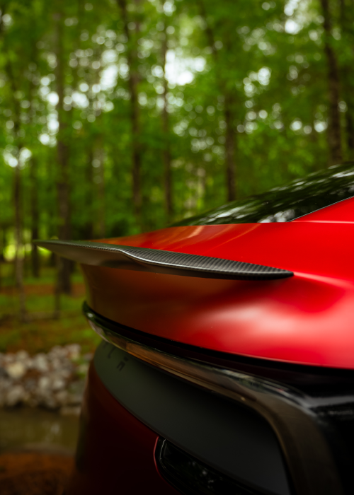 Red car spoiler in a forest, close-up side view